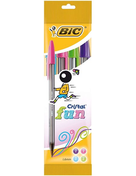 Lot de 4 stylos à bille Bic Cristal Fun - Pointe ronde 1,6 mm - Trait 0,42 mm - Encre à l'huile - Couleurs assorties
