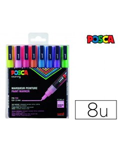 Marqueur posca pc3m gouache encre inodore toutes surfaces pointe fine conique coloris assortis pailletees 8 unités.