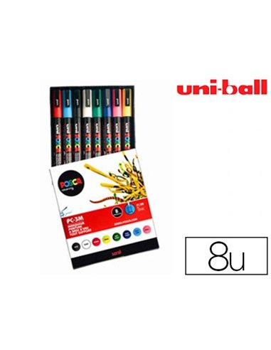 Marqueur posca pc3m gouache encre inodore toutes surfaces pointe fine conique coloris assortis étui 8 unités.