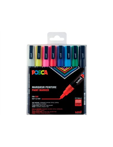 Marqueur posca pc3m gouache encre inodore toutes surfaces pointe fine conique coloris assortis étui 8 unités.