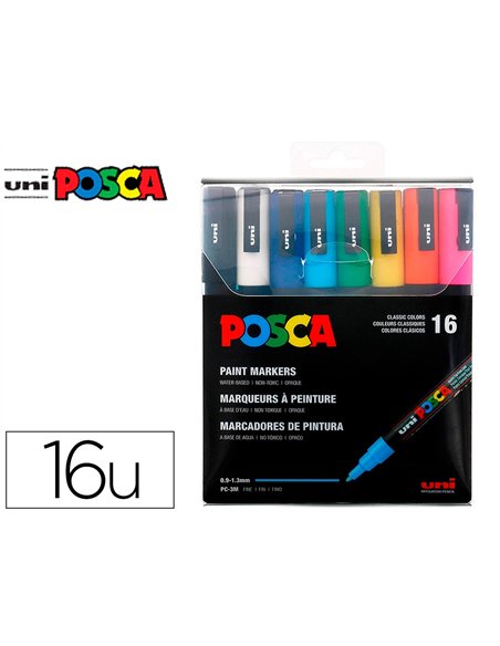 Marqueur peinture posca pc3m pointe fine conique encre inodore couvrante set 16 unites assorties.