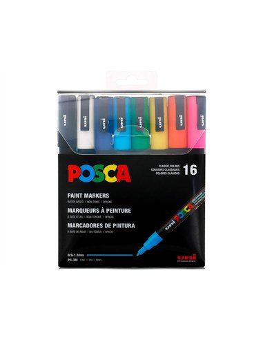 Marqueur peinture posca pc3m pointe fine conique encre inodore couvrante set 16 unites assorties.