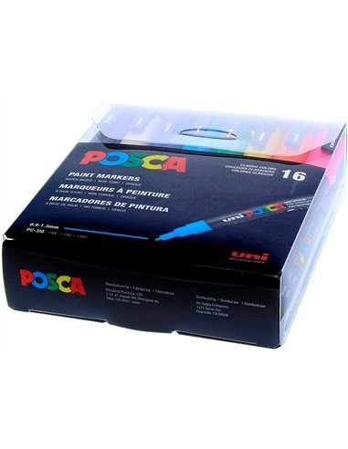 Marqueur peinture posca pc3m pointe fine conique encre inodore couvrante set 16 unites assorties.