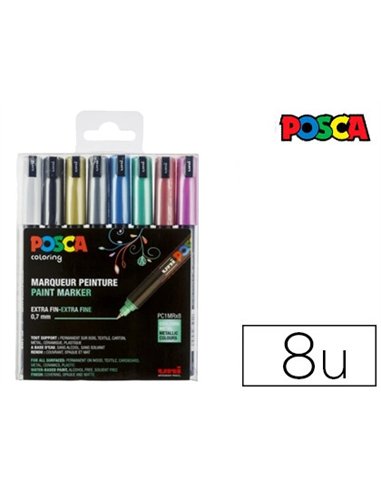 Marqueur posca pointe calibrée extra-fine coloris métallisés blanc noir or argent bleu vert rouge et rose 8 unités.