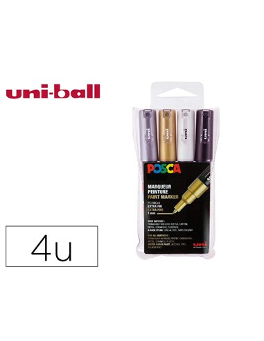 Set de 4 marqueurs posca pointe conique extra fine noir blanc argent or.