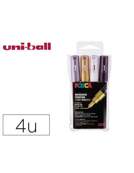 Set de 4 marqueurs posca pointe conique extra fine noir blanc argent or.