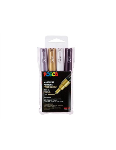 Set de 4 marqueurs posca pointe conique extra fine noir blanc argent or.