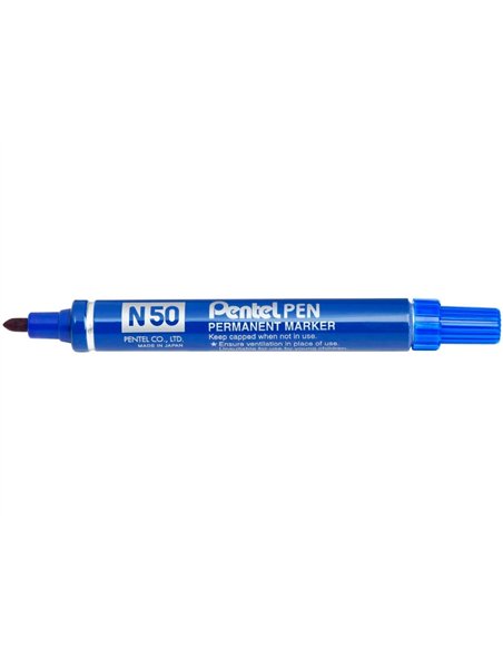 Marqueur pentel n50 permanent pointe ogive 4.3mm encre à solvant indélébile tous supports corps métal bleu.