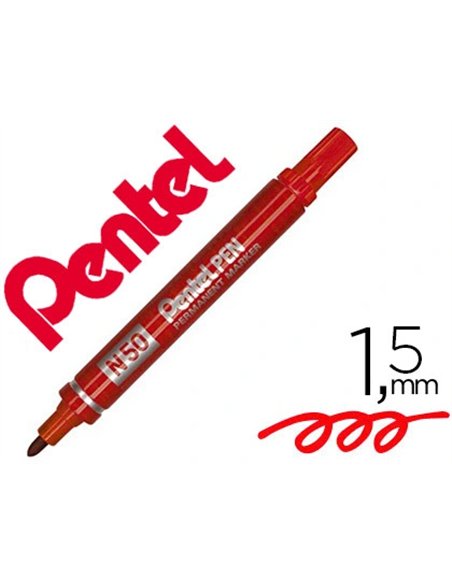 Marqueur pentel n50 permanent pointe ogive 4.3mm encre à solvant indélébile tous supports corps métal rouge.