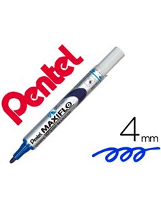 Marqueur pentel maxiflo effaçable tableau blanc pointe conique tracé 1,6mm écriture 1000m corps plastique recyclé bleu.