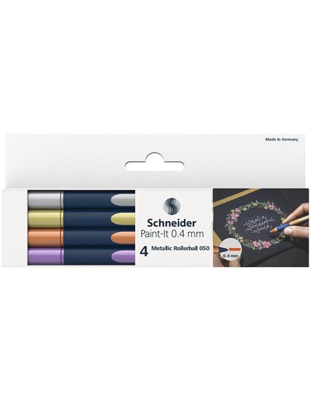 Pochette schneider roller metallique paint it 050 trait 0,4 mm pointe ultra smooth 4 coloris assorti.