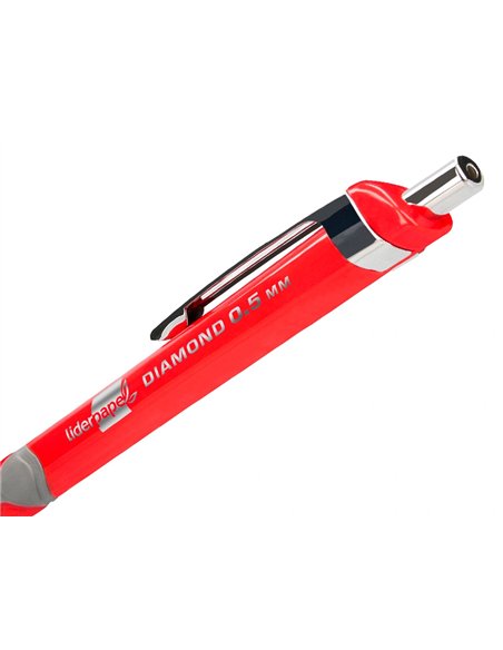 Porte-mine liderpapel plastique 0.5mm grip soft caoutchouc pointe et capuchon métalliques gomme mines coloris assortis.