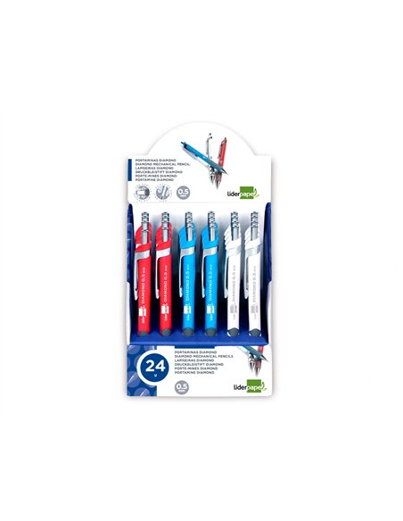 Porte-mine liderpapel plastique 0.5mm grip soft caoutchouc pointe et capuchon métalliques gomme mines coloris assortis.