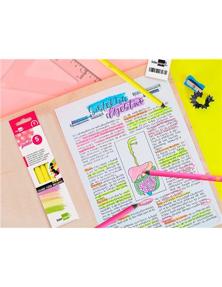 Surligneur liderpapel crayon de couleur néon jumbo mine extra-résistante forme triangulaire ergonomique coloris jaune.