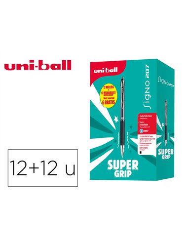 Roller uniball signo broad encre gel pochette de 12 rollers 207 umn 207 noir + 12 recharges umr87 dont 6.