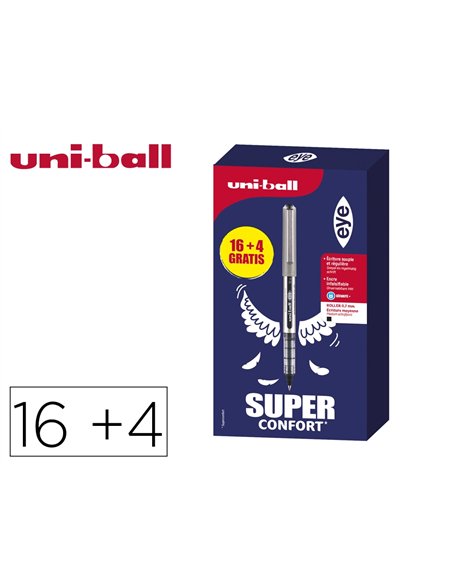 Roller uniball eye pointe metal ecriture fine boite de 16 + 4 rollers gratuits noirs.