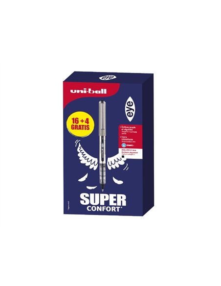 Roller uniball eye pointe metal ecriture fine boite de 16 + 4 rollers gratuits noirs.