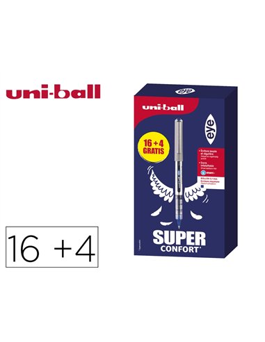 Roller uniball eye pointe metal ecriture fine boite de 16 + 4 rollers gratuits bleu.