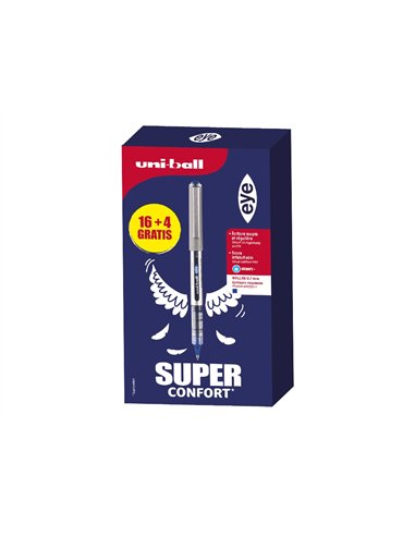 Roller uniball eye pointe metal ecriture fine boite de 16 + 4 rollers gratuits bleu.