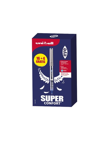 Roller uniball eye pointe metal ecriture fine boite de 16 + 4 rollers gratuits bleu.