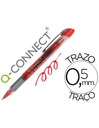 Roller q-connect écriture 0.5mm pointe moyenne 0.7mm grip caoutchouc corps transparent encre liquide couleur rouge.