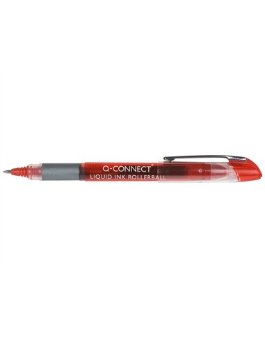 Roller q-connect écriture 0.5mm pointe moyenne 0.7mm grip caoutchouc corps transparent encre liquide couleur rouge.
