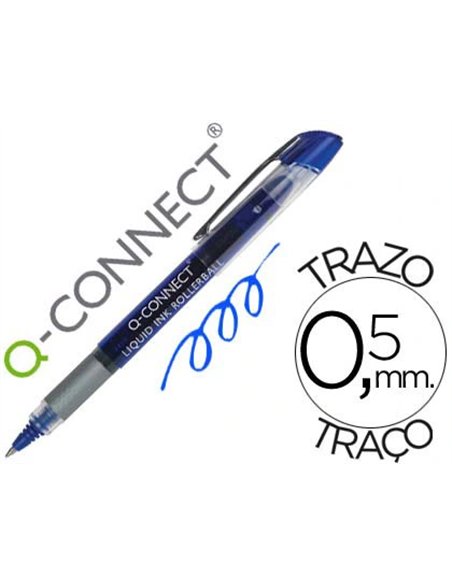 Roller q-connect écriture 0.5mm pointe moyenne 0.7mm grip caoutchouc corps transparent encre liquide couleur bleu.