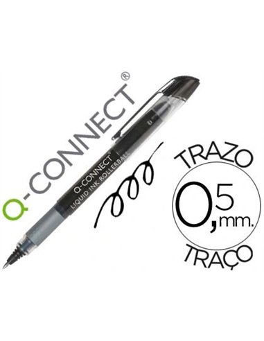 Roller q-connect écriture 0.5mm pointe moyenne 0.7mm grip caoutchouc corps transparent encre liquide couleur noir.