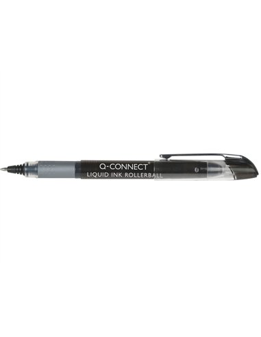 Roller q-connect écriture 0.5mm pointe moyenne 0.7mm grip caoutchouc corps transparent encre liquide couleur noir.