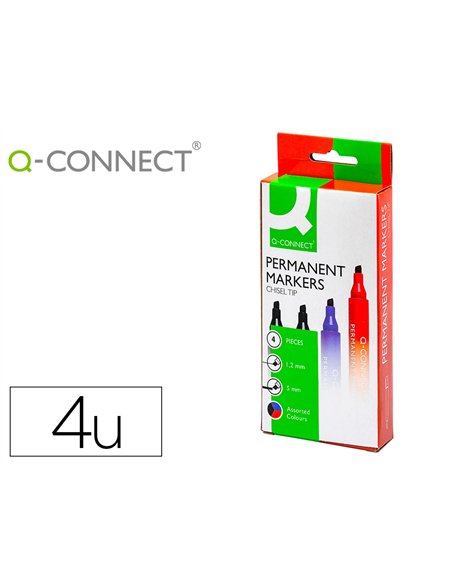 Marqueur q-connect permanent pointe biseautée tracé 5mm résistante corps plastique pochette 4 unités.