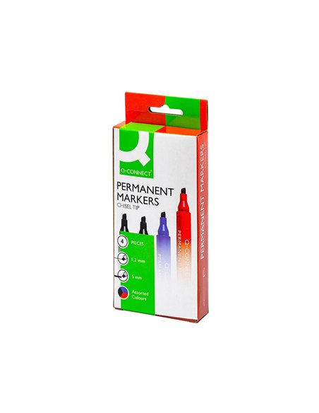 Marqueur q-connect permanent pointe biseautée tracé 5mm résistante corps plastique pochette 4 unités.