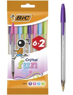 Lot de 8 stylos à bille Bic Cristal Fun 6+2 - Pointe ronde 1,6 mm - Trait 0,42 mm - Encre à l'huile - Couleurs assorties