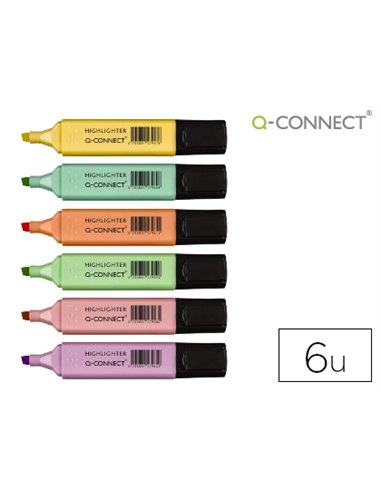 Surligneur q-connect pastel tracé 2/5mm pointe biseautée pochette 6 unités coloris jaune rose orange vert bleu violet.
