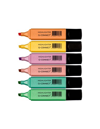 Surligneur q-connect pastel tracé 2/5mm pointe biseautée pochette 6 unités coloris jaune rose orange vert bleu violet.