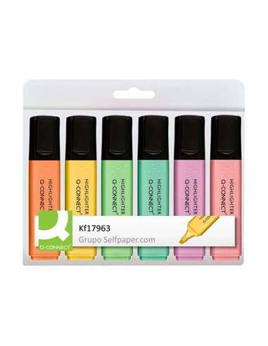 Surligneur q-connect pastel tracé 2/5mm pointe biseautée pochette 6 unités coloris jaune rose orange vert bleu violet.