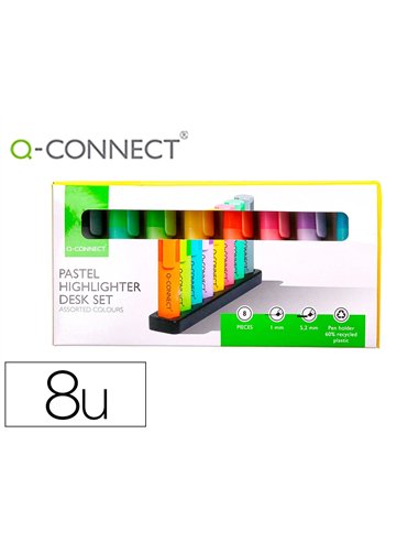 Surligneur q-connect fluorescent pastel pointe biseautee etui de bureau 8 coloris assortis.