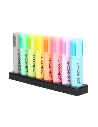 Surligneur q-connect fluorescent pastel pointe biseautee etui de bureau 8 coloris assortis.