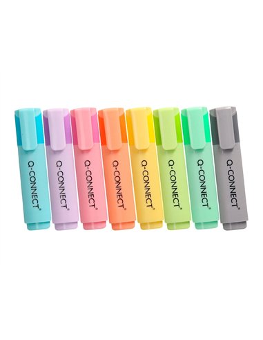 Surligneur q-connect fluorescent pastel pointe biseautee etui de bureau 8 coloris assortis.