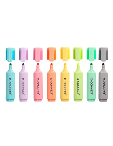 Surligneur q-connect fluorescent pastel pointe biseautee etui de bureau 8 coloris assortis.