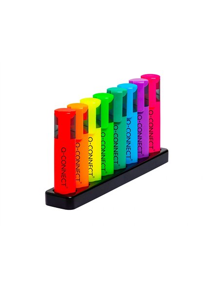 Surligneur q-connect fluorescent neon pointe biseautee etui de bureau 8 coloris assortis.