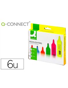 Surligneur q-connect tracé 2/5 mm pointe biseautée couleurs éclatantes pochette 6 unités assorties.