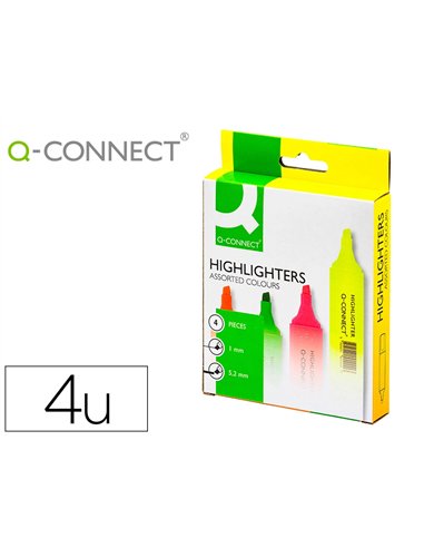 Surligneur q-connect tracé 2/5 mm pointe biseautée couleurs éclatantes pochette 4 unités assorties.