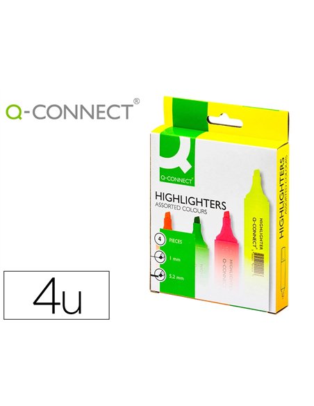 Surligneur q-connect tracé 2/5 mm pointe biseautée couleurs éclatantes pochette 4 unités assorties.