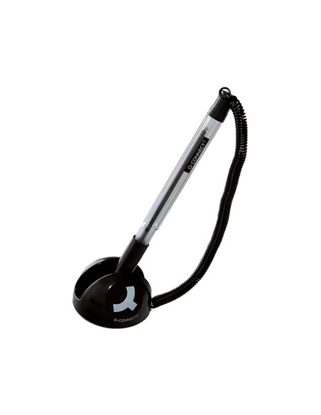 Stylo-bille q-connect sur socle support adhésif chaîne plastique trait 0.7mm encre bleue.