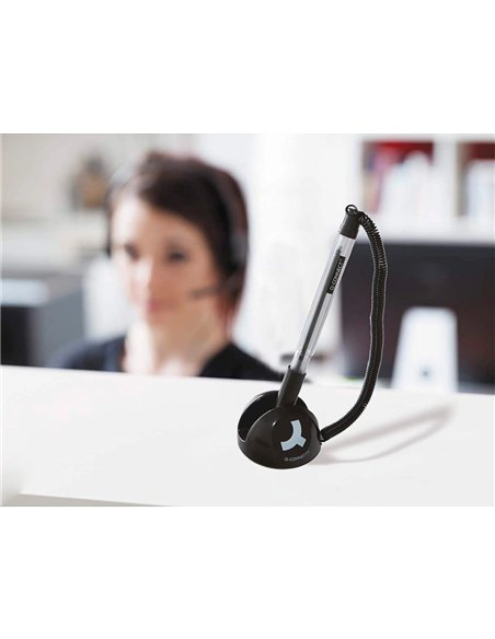 Stylo-bille q-connect sur socle support adhésif chaîne plastique trait 0.7mm encre bleue.