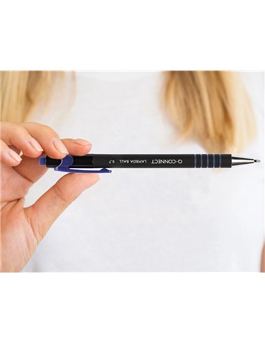 Stylo-bille q-connect lambda rétractable écriture moyenne 0.7mm pointe métal corps caoutchouc couleur encre bleu.