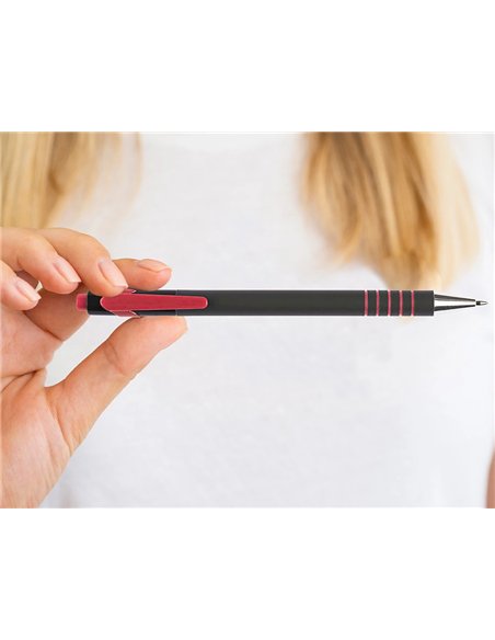 Stylo-bille q-connect lambda rétractable écriture moyenne 0.7mm pointe métal corps caoutchouc couleur encre rouge.