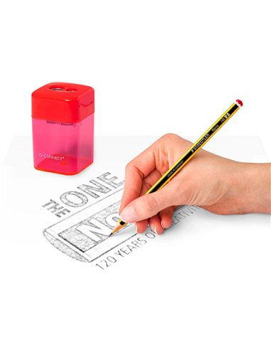 Taille-crayon q-connect économique réservoir plastique transparent 2 usages.