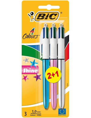 Bic 4 Couleurs Shine 2+1 Lot de 3 Stylos Bille Rétractables - Pointe Moyenne 1,0 mm - Encre à l'Huile - Corps Couleurs Métalliqu