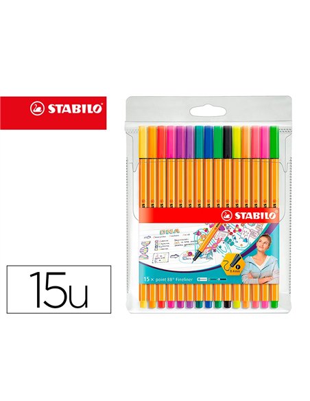 Stylo feutre stabilo point 88 point fine 0,4mm pochette de 30 coloris assortis dont 5 fluo.
